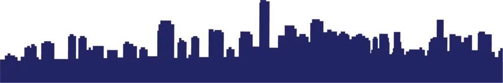 Dark blue silhouette of a city skyline with tall skyscrapers against a white sky.